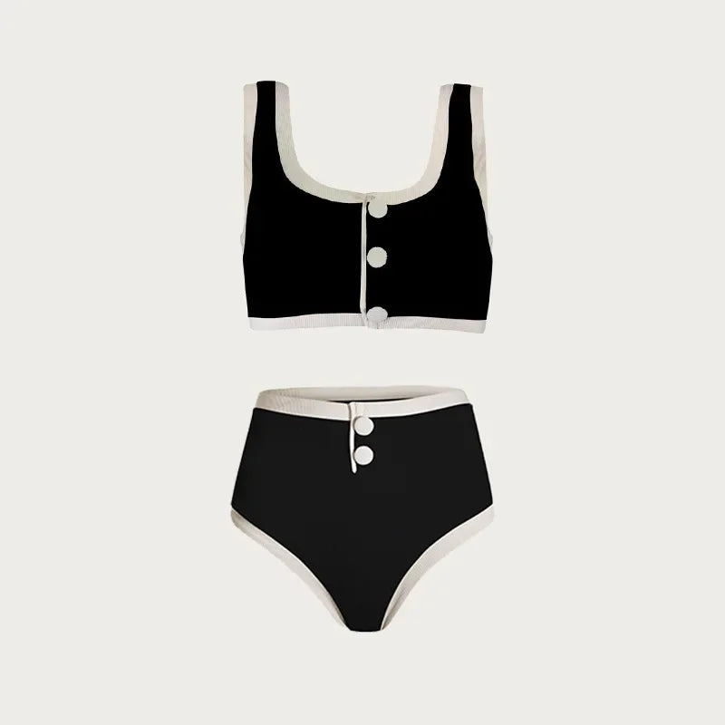 Black and white spandex button bikini, 2 colors and 4 sizes