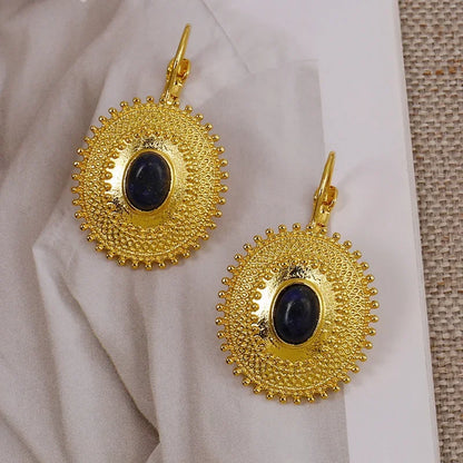 Golden Sun Shaped Earrings with Stone