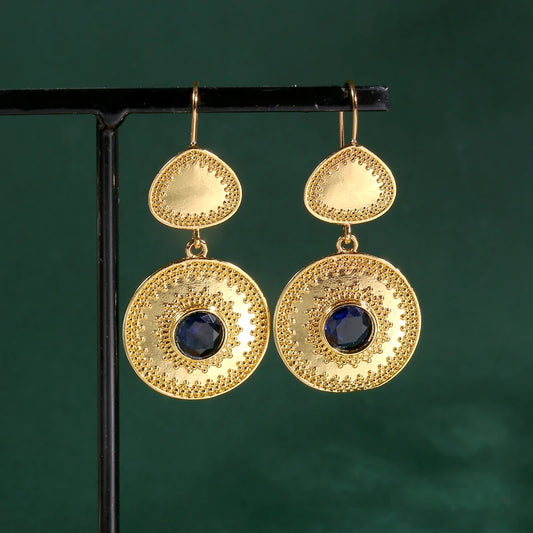 Circular Earrings with Black Crystal Gold and Silver