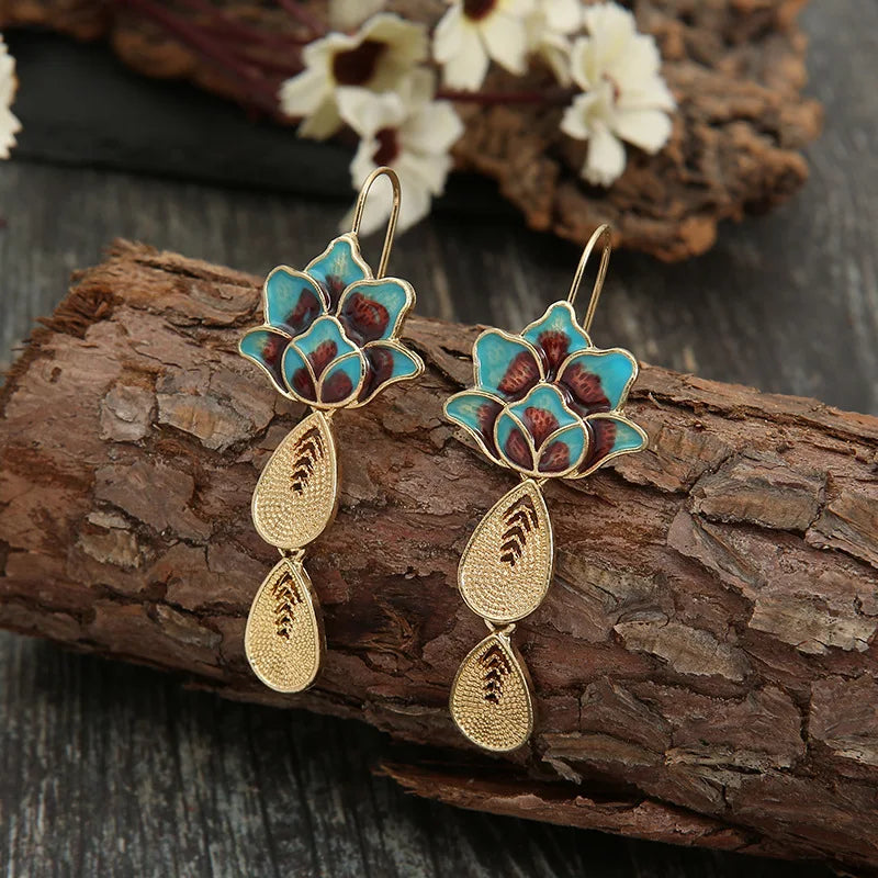 Long Blue and Gold Flower Earrings