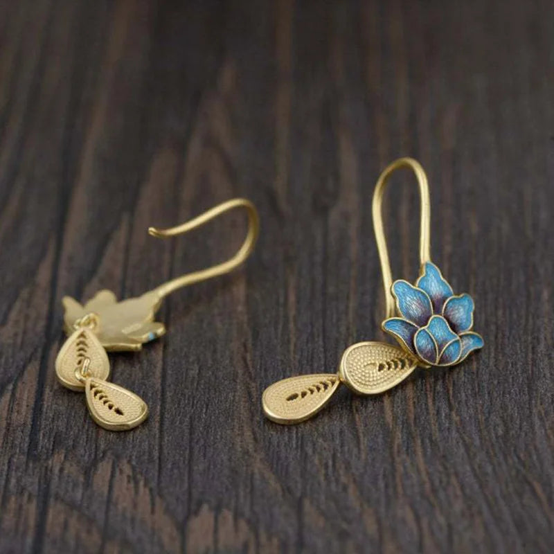 Long Blue and Gold Flower Earrings