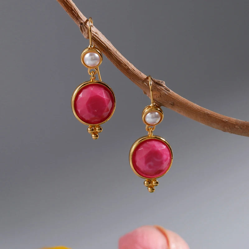 Isabela Earrings with Circular Pink Stone