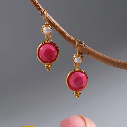 Isabela Earrings with Circular Pink Stone