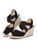 Salomé black elastic raffia wedges