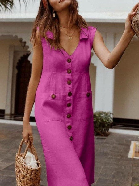 Vestido Oxford de algodón y lino , 4 colores, 8 tallas