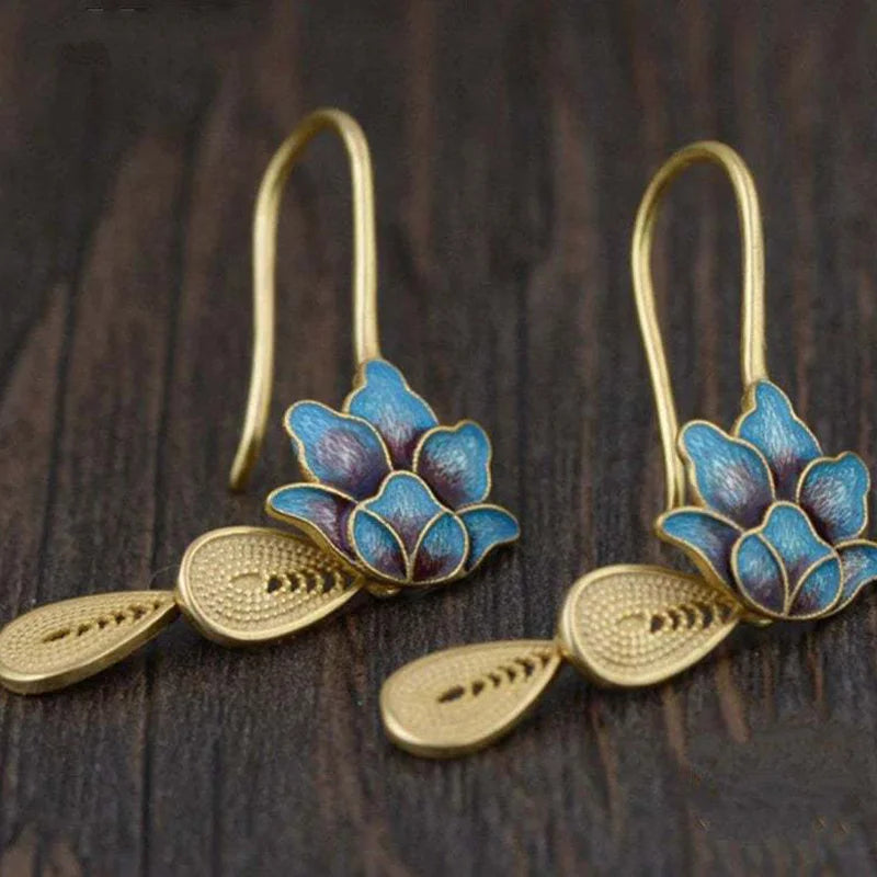 Pendientes Largos de Flor Azul y Dorada