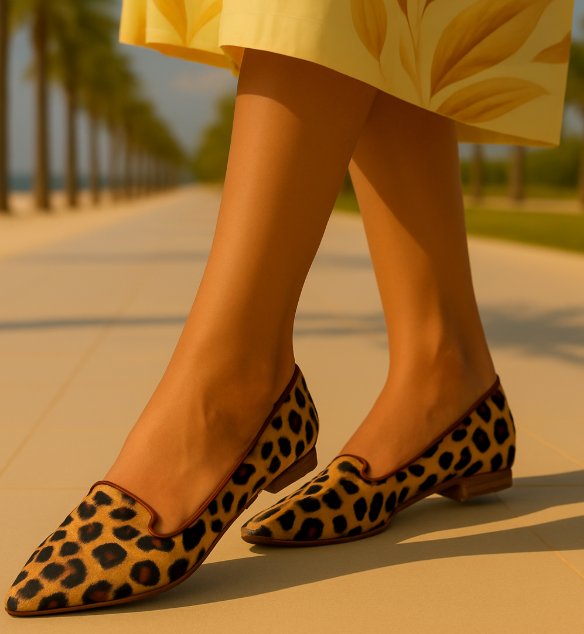Leopard leather ballerina flat, size 36-41. Made in Spain.