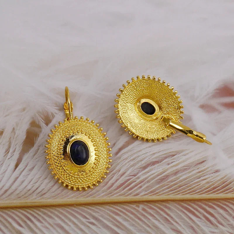 Golden Sun Shaped Earrings with Stone