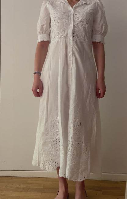 Vestido Vega blanco bordado camisero, TALLA S, 48/72 hrs envío