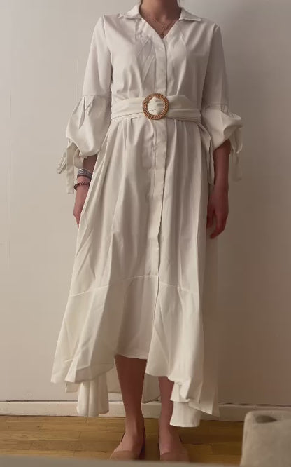 Fridays dress with belt with buckle included, pockets and puff sleeves, White, size M, 48/72 hrs shipping