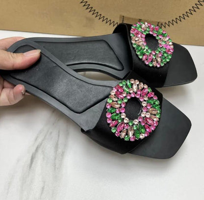 Flat black Billy sandals with multicolored stones