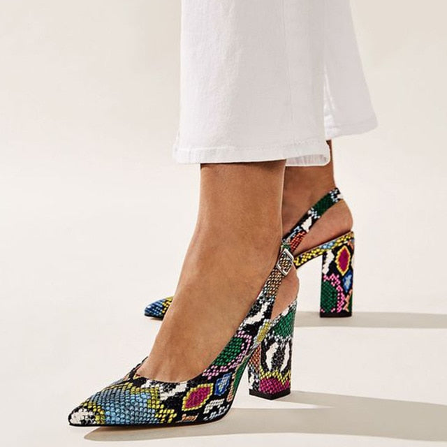 Multicolored snake heeled square heel shoes, 3 different models