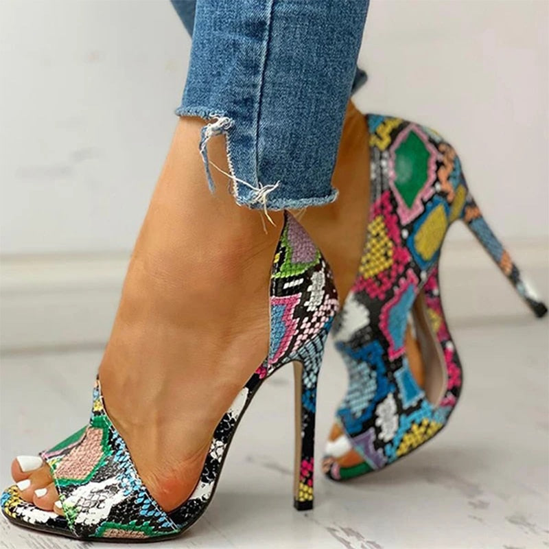 Multicolored snake heeled square heel shoes, 3 different models