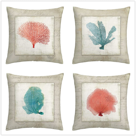 Cushion cover without filling Red and blue corals in linen, 4 colors, 4 sizes