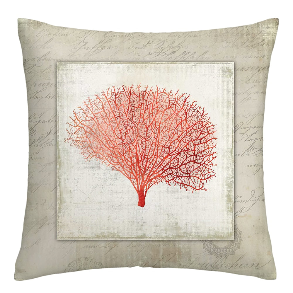 Cushion cover without filling Red and blue corals in linen, 4 colors, 4 sizes