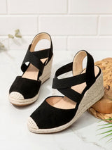 Salomé black elastic raffia wedges