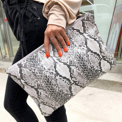 Gray and white python bag, hand handle