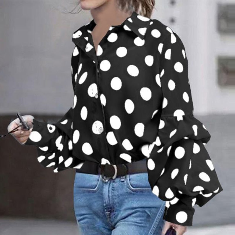 Women Polka Dot Blouses Tops Black Sashes Long Puff Sleeves White