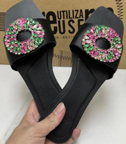 Flat black Billy sandals with multicolored stones