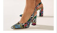 Multicolored snake heeled square heel shoes, 3 different models