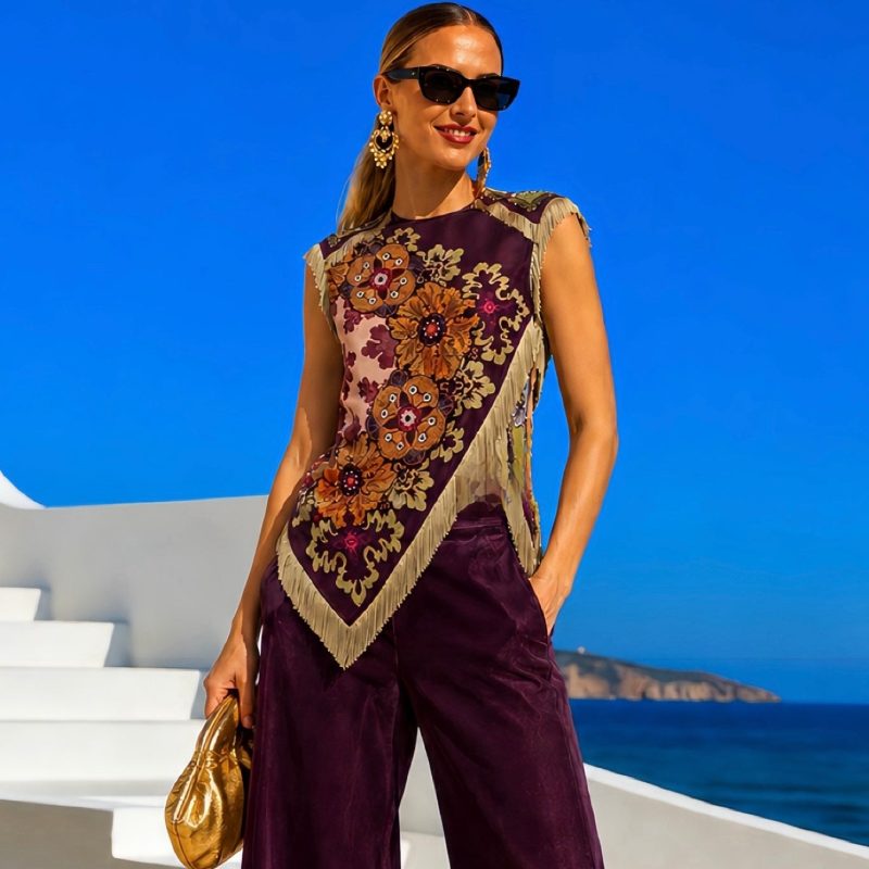 Top Lisboa estampado flecos morado, tallas (34-48)