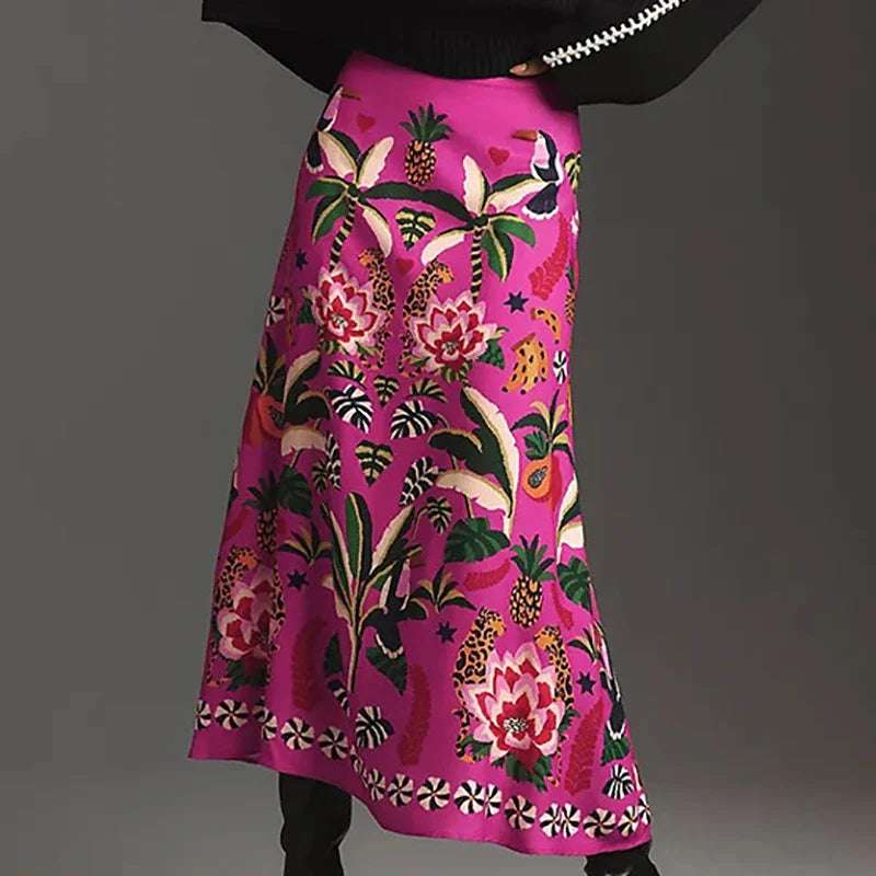 Falda Tropical MIDI, algodón con licra estampada, tallas (36-46)